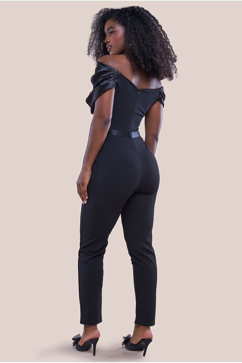 Corset Bodice Scuba & Satin Bardot Jumpsuit - Black TR351