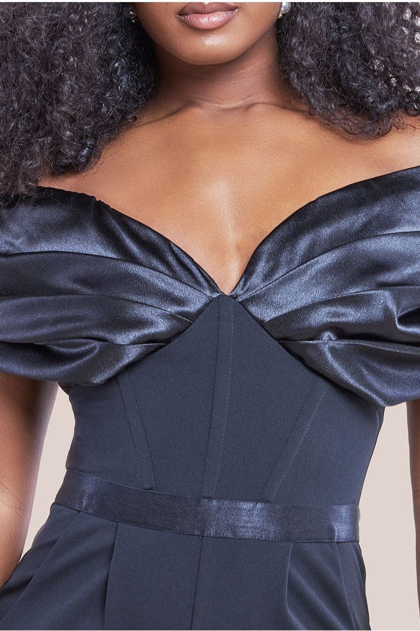 Corset Bodice Scuba & Satin Bardot Jumpsuit - Black TR351