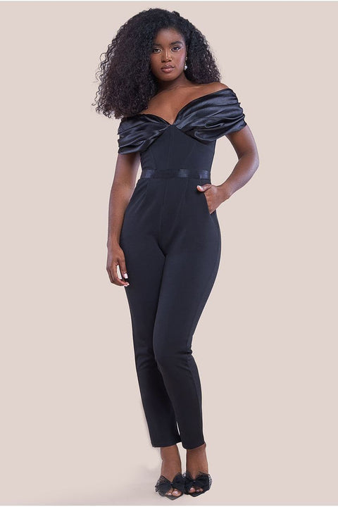Corset Bodice Scuba & Satin Bardot Jumpsuit - Black by Goddiva