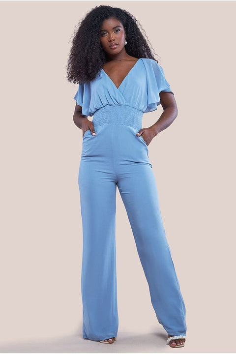 Chiffon Jumpsuit With Flutter Sleeves - Blue by Goddiva