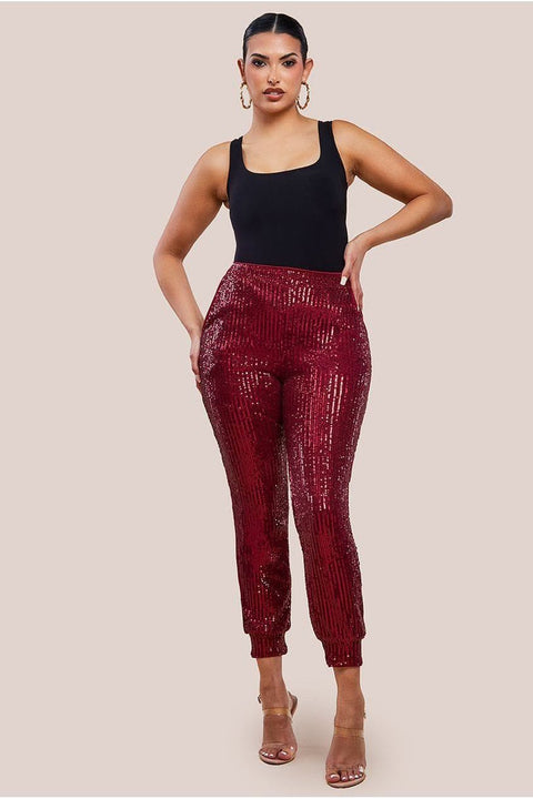 Sequin Cuffed Ankle Trouser - Wine by Goddiva