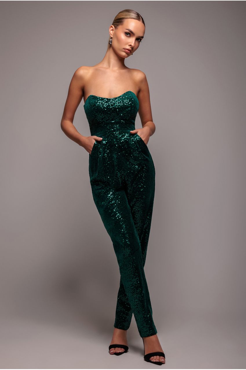 Sequin & Velvet Corset Jumpsuit - Emerald Green TR365