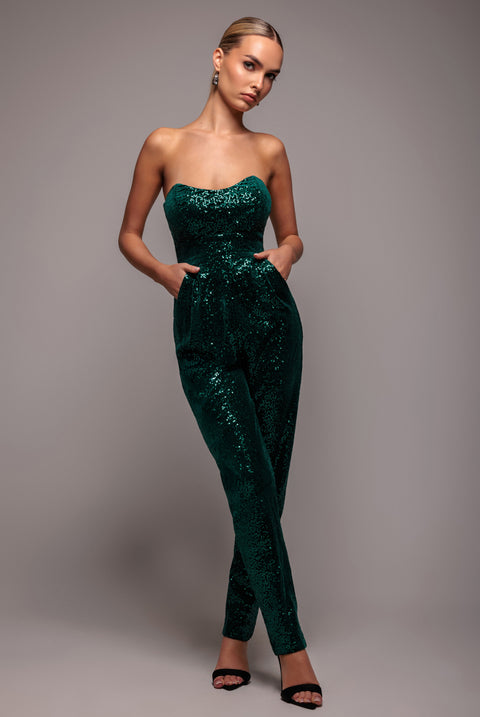 Sequin & Velvet Corset Jumpsuit - Emerald Green by Goddiva