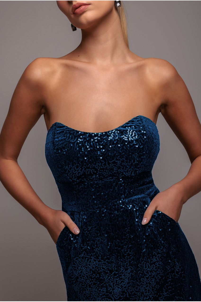 Sequin & Velvet Corset Jumpsuit - Blue TR365
