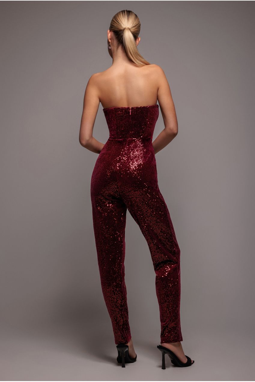 Sequin & Velvet Corset Jumpsuit - Wine TR365