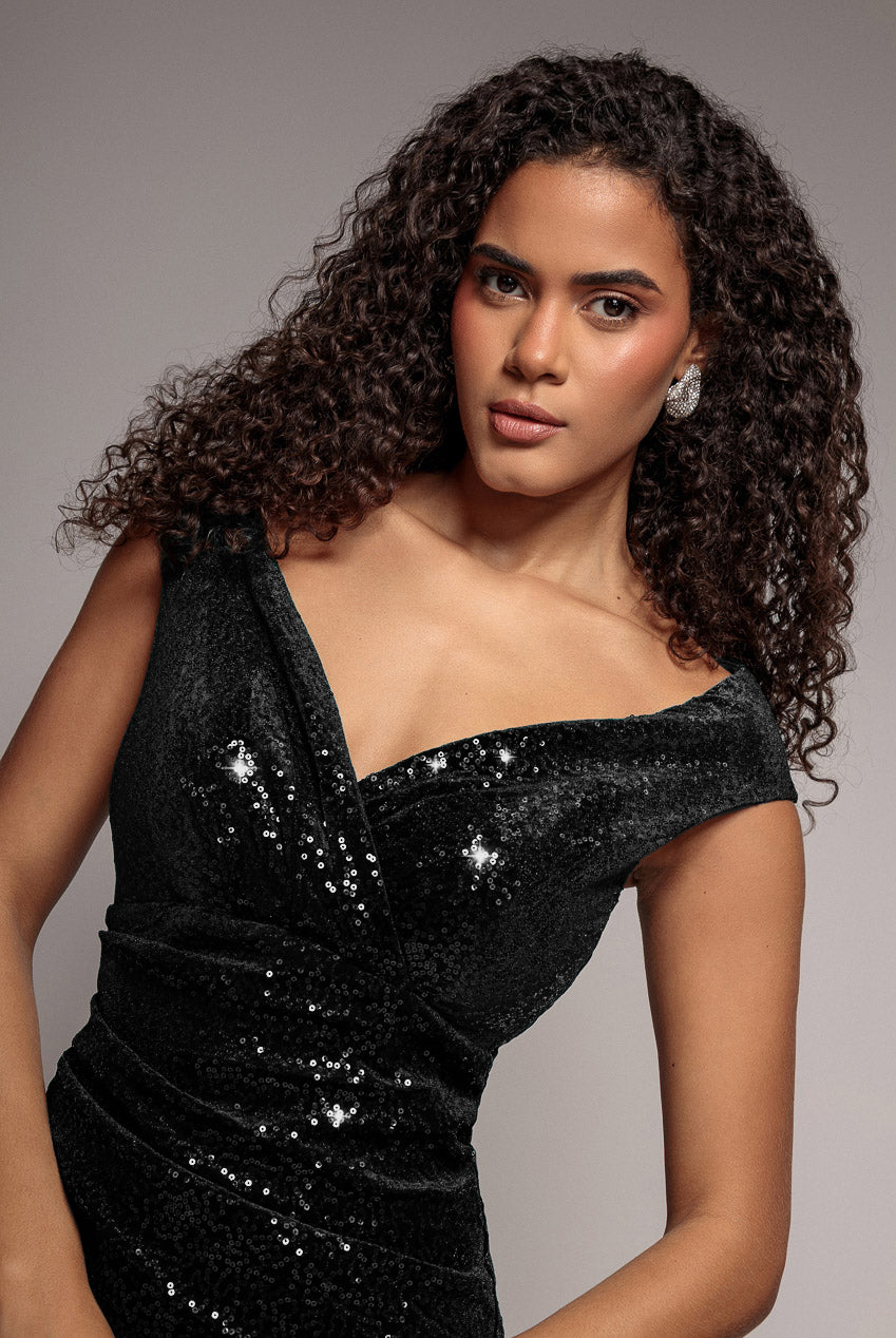 Sequin Velvet Bardot Jumpsuit - Black TR371