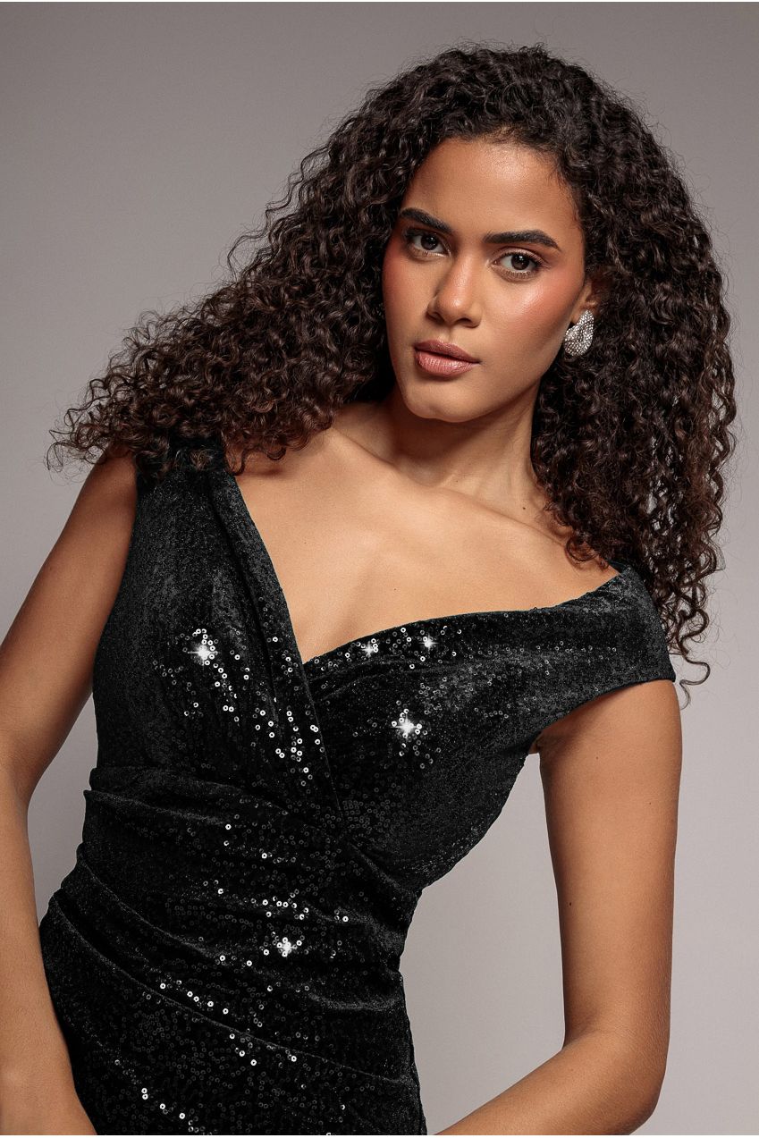 Sequin Velvet Bardot Jumpsuit - Black TR371