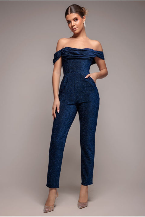 Lurex Cowl Neck Jumpsuit - Navy by Goddiva
