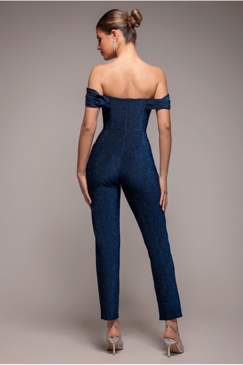 Lurex Cowl Neck Jumpsuit - Navy TR374