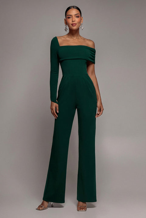 One Shoulder Scuba Jumpsuit - Emerald Green by Goddiva