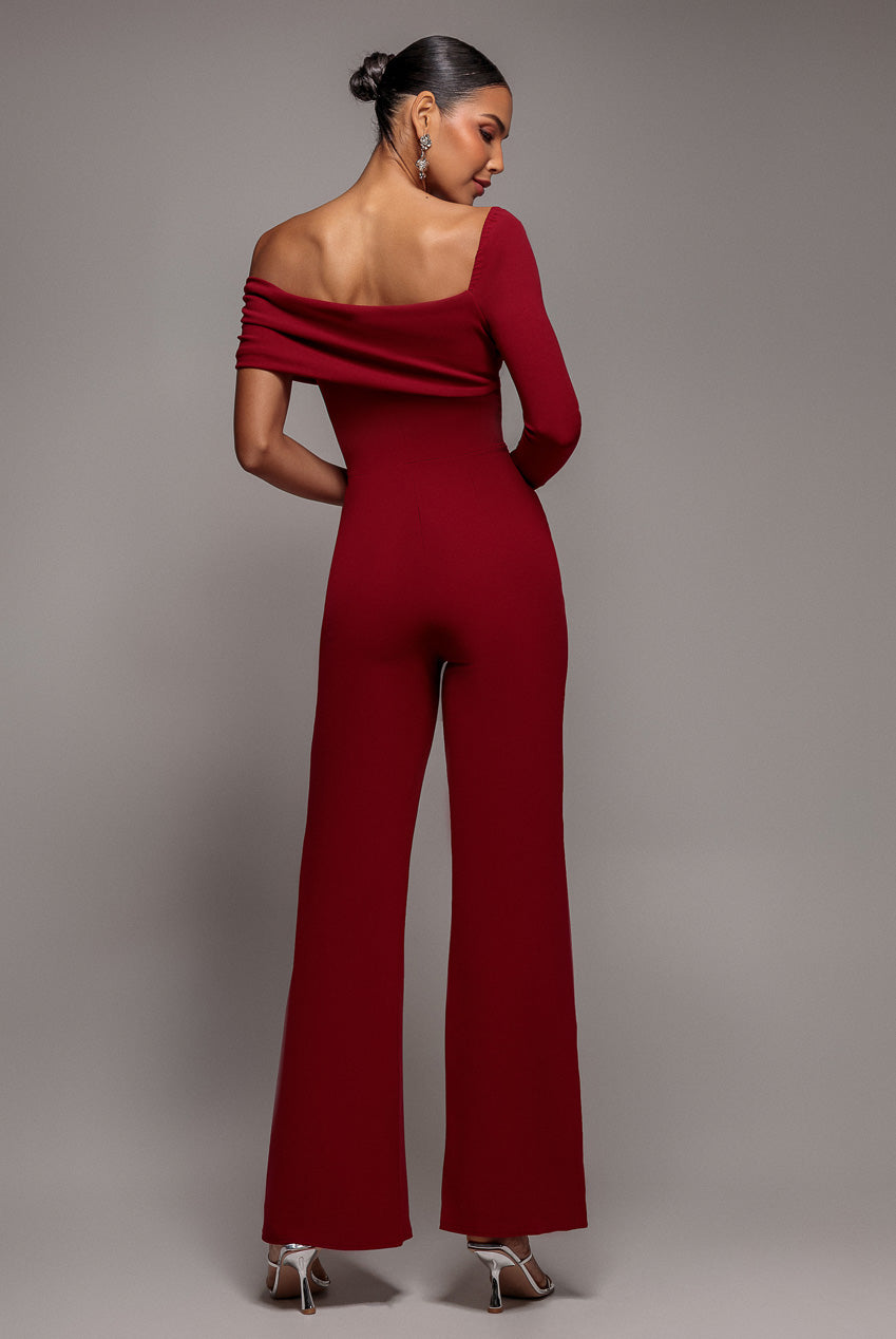 One Shoulder Scuba Jumpsuit - Wine TR375