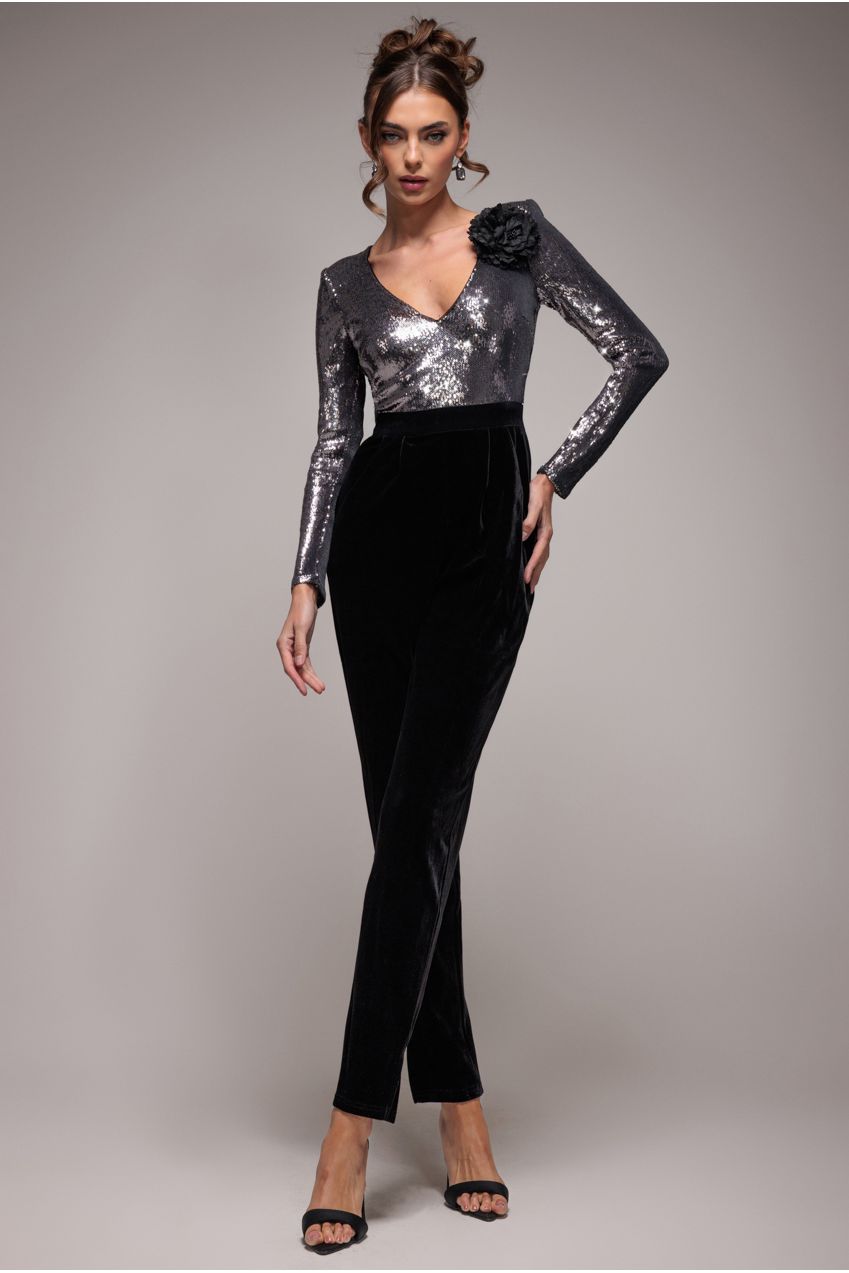 Liquid Sequin Jumpsuit With Corsage - Silver TR380