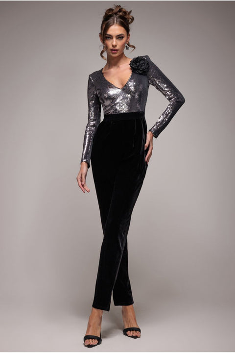Liquid Sequin Jumpsuit With Corsage - Silver by Goddiva