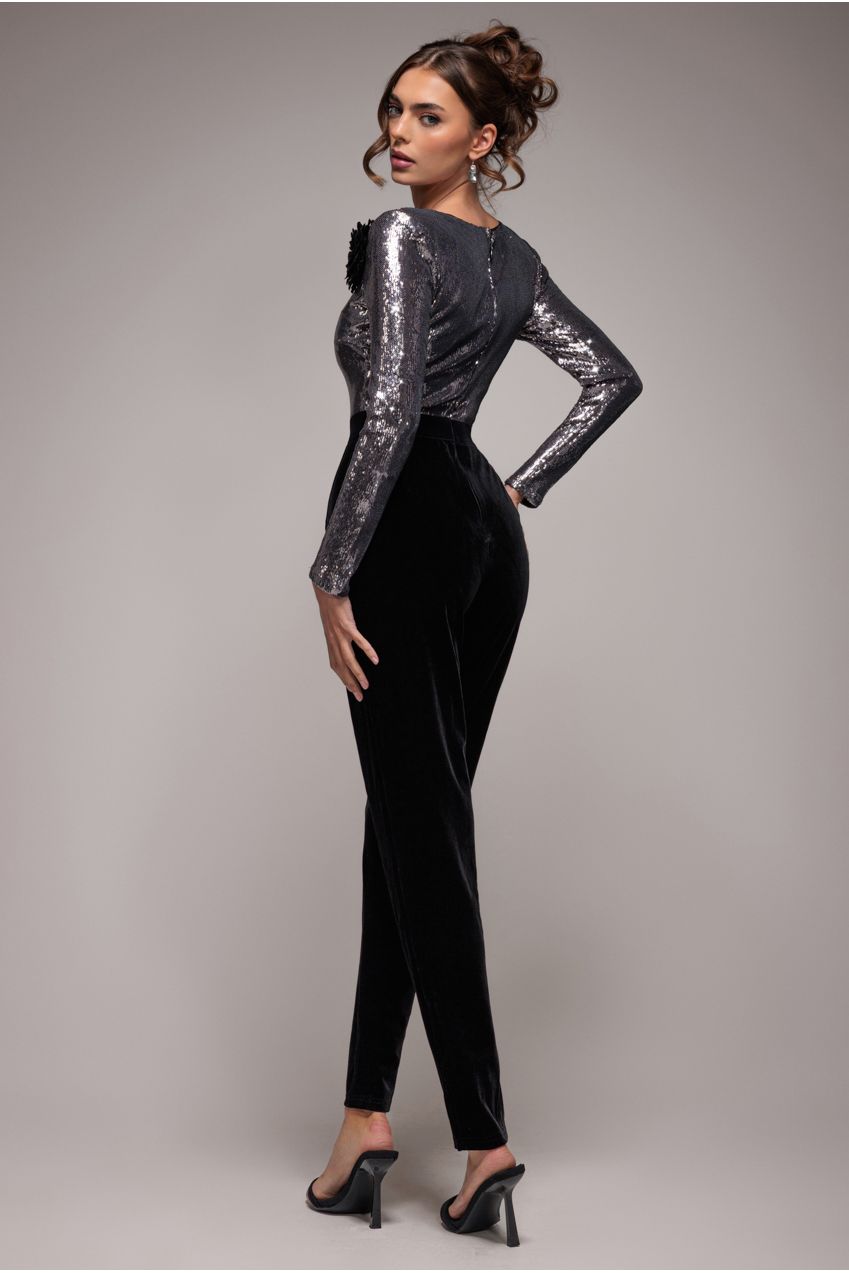Liquid Sequin Jumpsuit With Corsage - Silver TR380