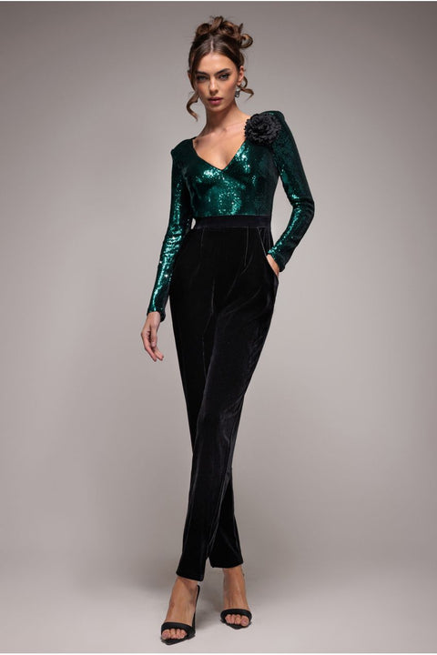 Liquid Sequin Jumpsuit With Corsage - Emerald Green by Goddiva