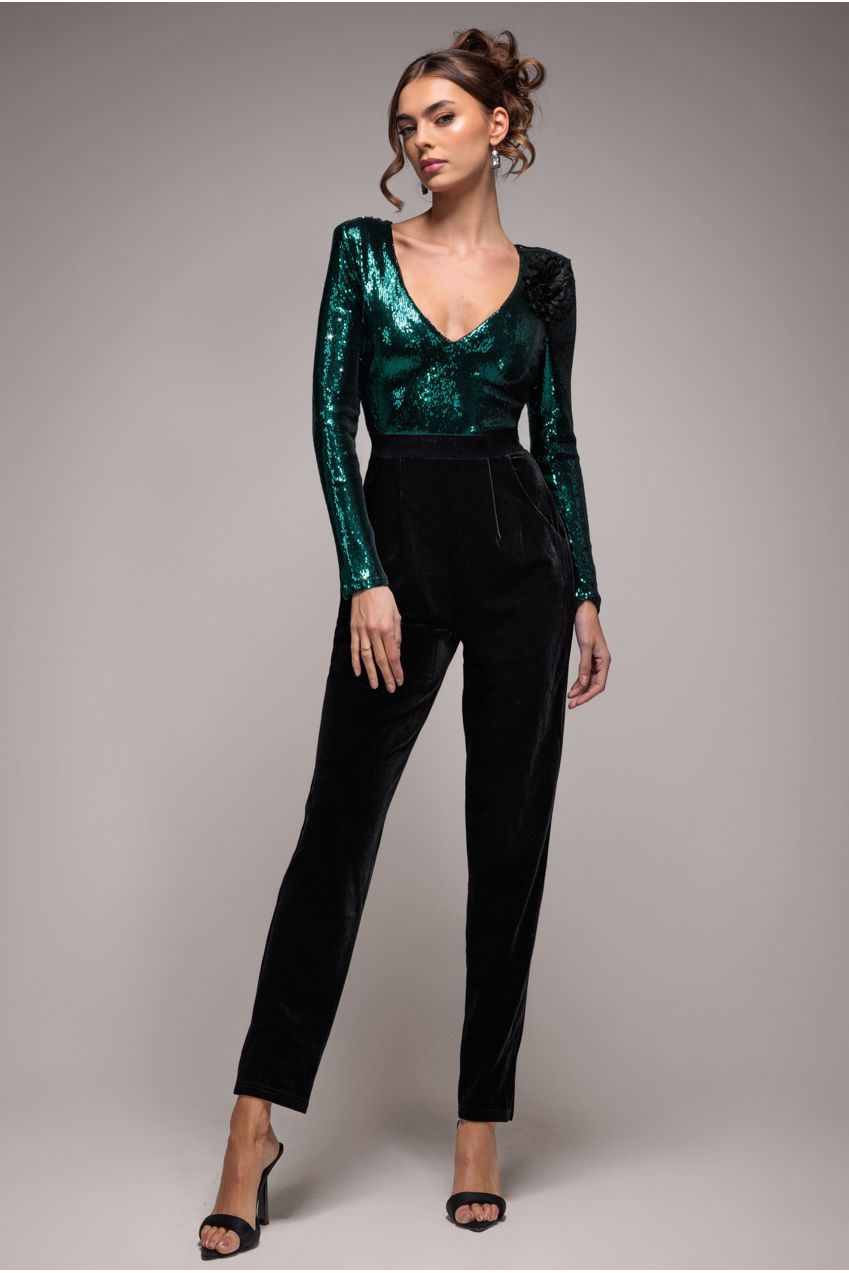 Liquid Sequin Jumpsuit With Corsage - Emerald Green TR380
