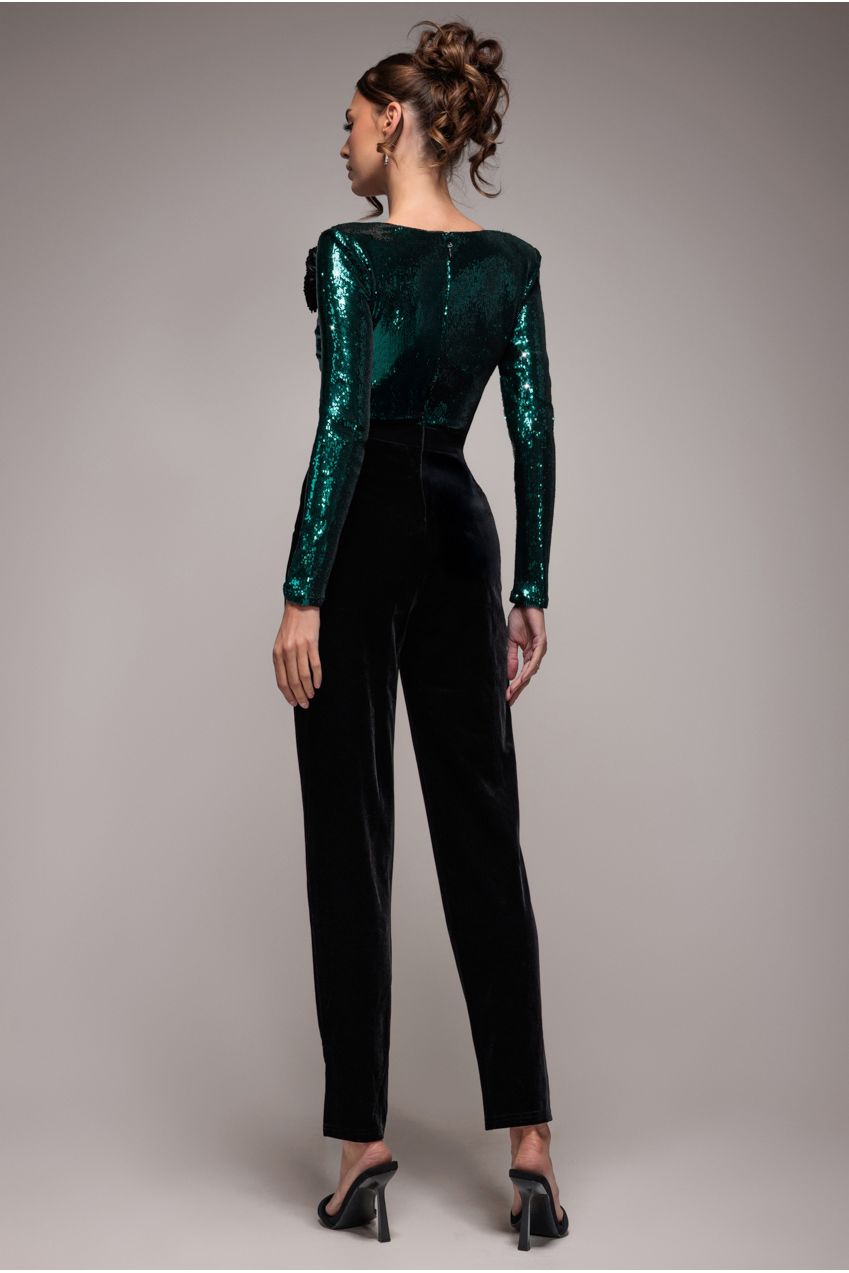 Liquid Sequin Jumpsuit With Corsage - Emerald Green TR380