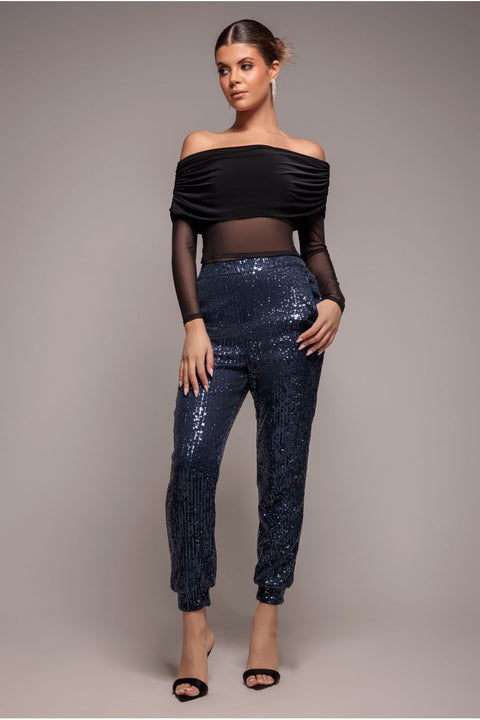 Sequin Cuffed Ankle Trouser - Navy by Goddiva