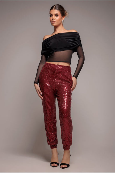 Sequin Cuffed Ankle Trouser - Wine by Goddiva