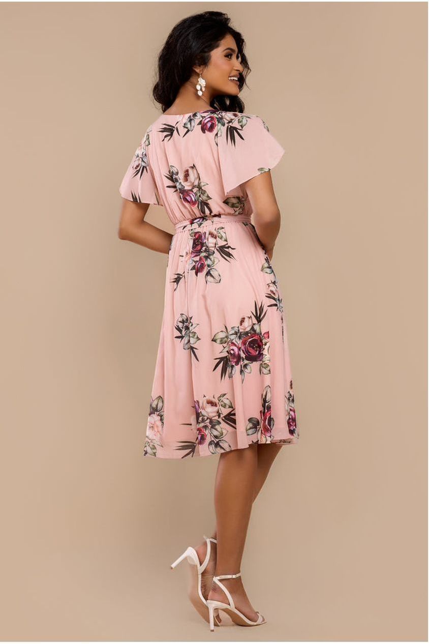 Sustainable Floral Print Midi Wrap Dress With Flutter Sleeves - Peach DR1641BBS