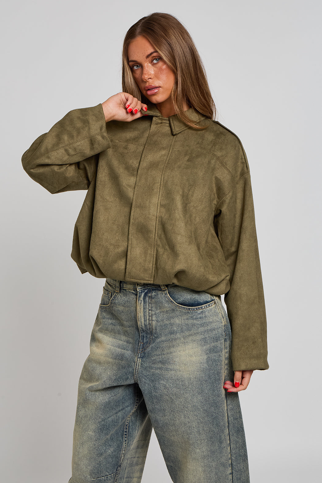 Khaki Suede Collared Bubble Hem Jacket 40JKT37942-c33