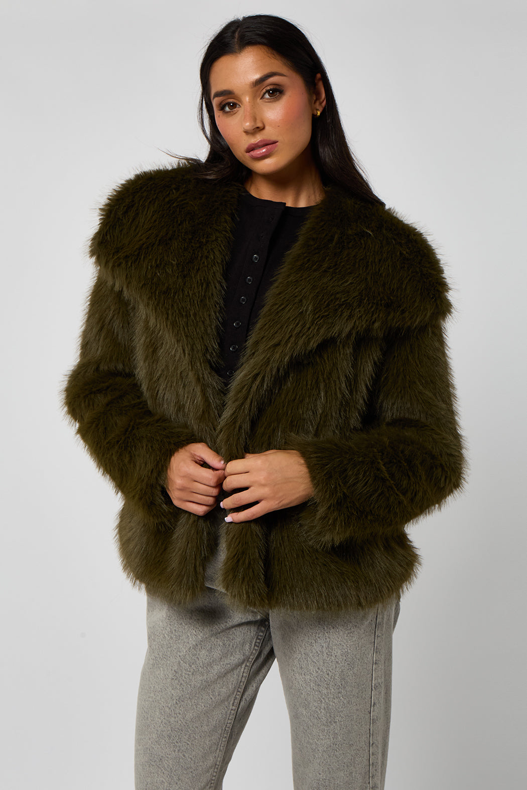 Khaki Faux Fur Jacket 40JKT37133-c34