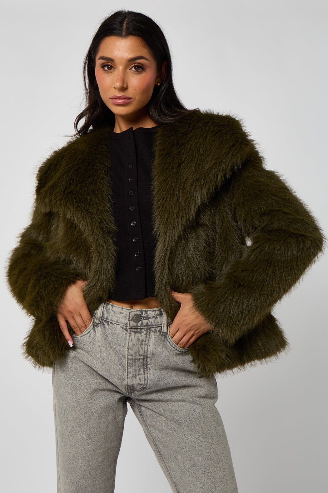 Khaki Faux Fur Jacket 40JKT37133-c34