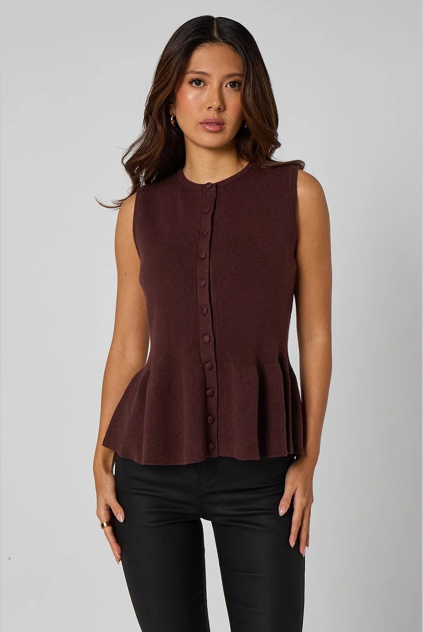 Brown Peplum Button Front Vest 40KW37670-c24