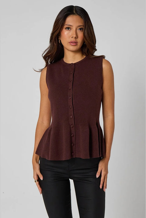 Brown Peplum Button Front Vest by Urban Bliss