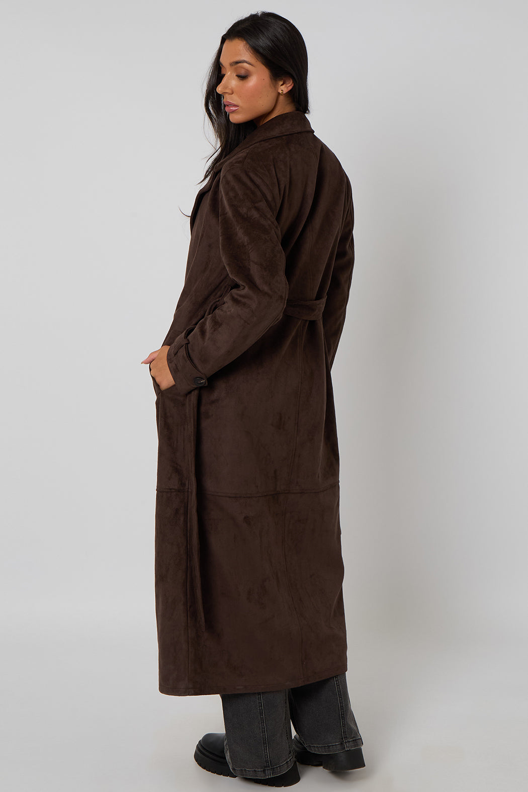 Chocolate Faux Suede Trench Coat 40JKT37124-c24