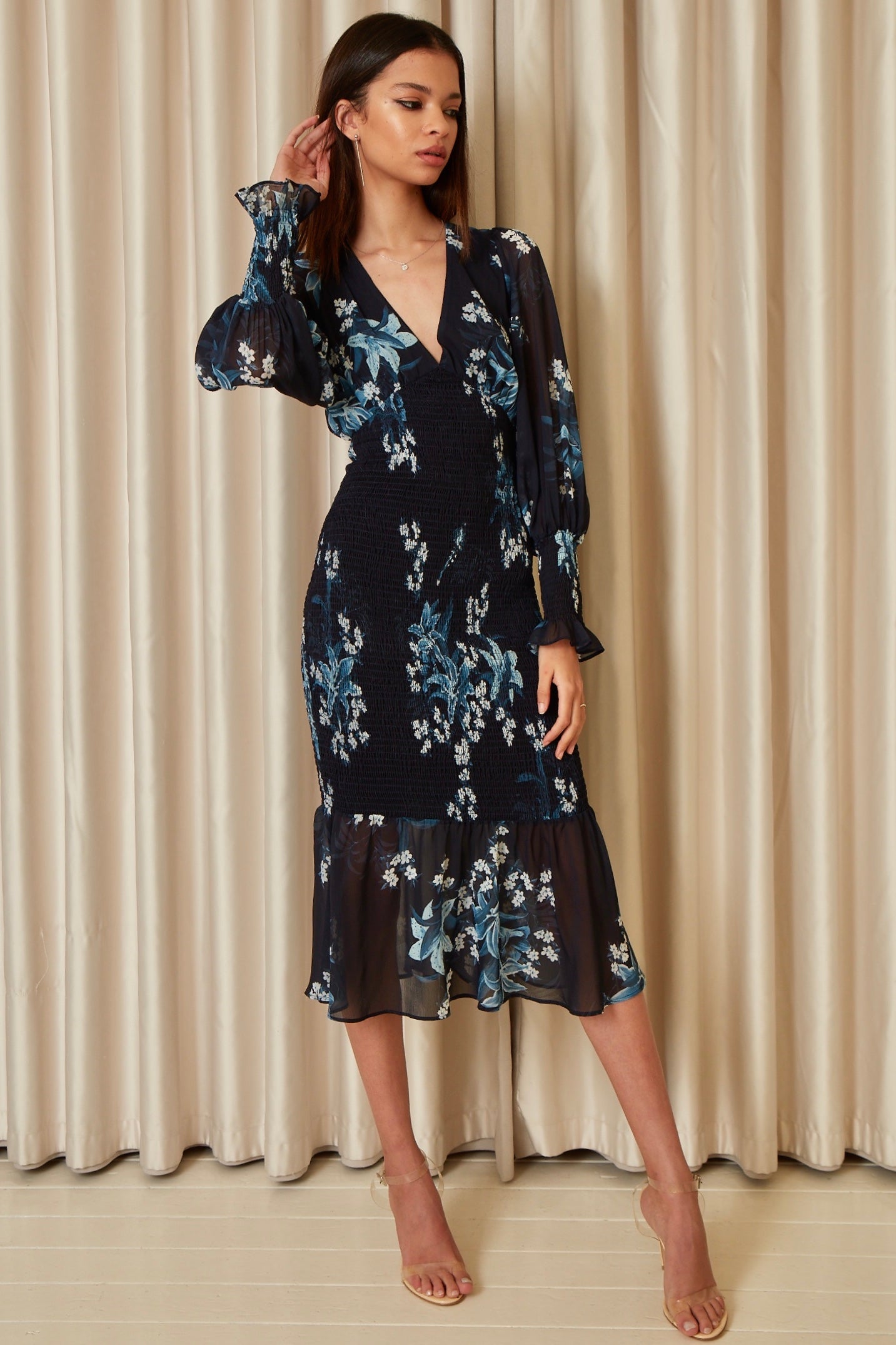Floral Print Bodycon Style Long Sleeve Dress UTAW21012