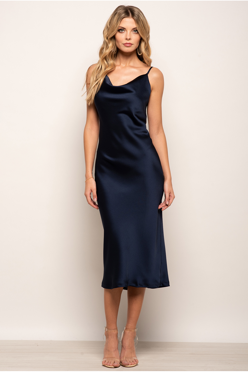 Cowl Neck Satin Slip Cami Midi Dress UTSS19012