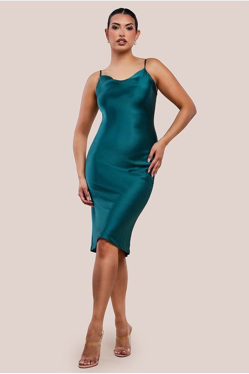 Cowl Neck Satin Slip Cami Midi Dress UTSS19012
