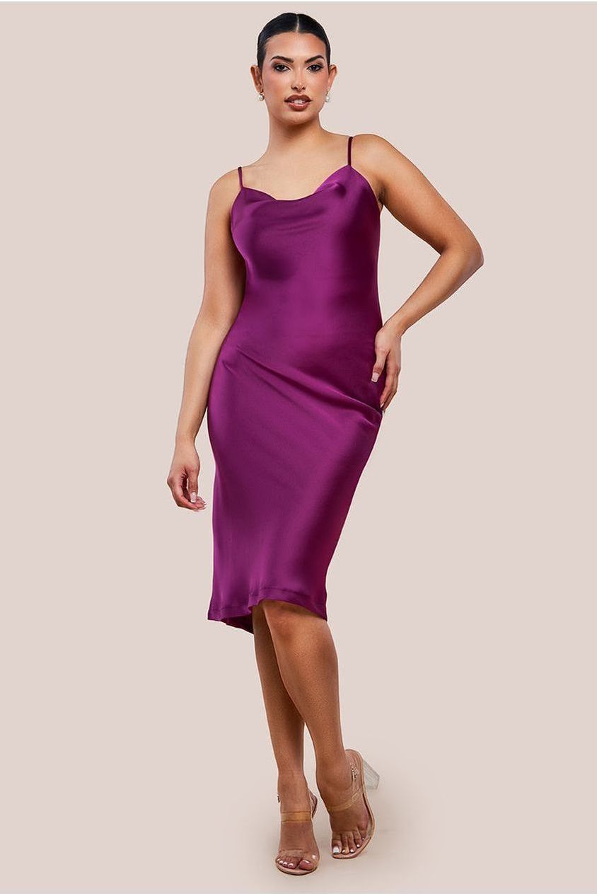 Cowl Neck Satin Slip Cami Midi Dress UTSS19012