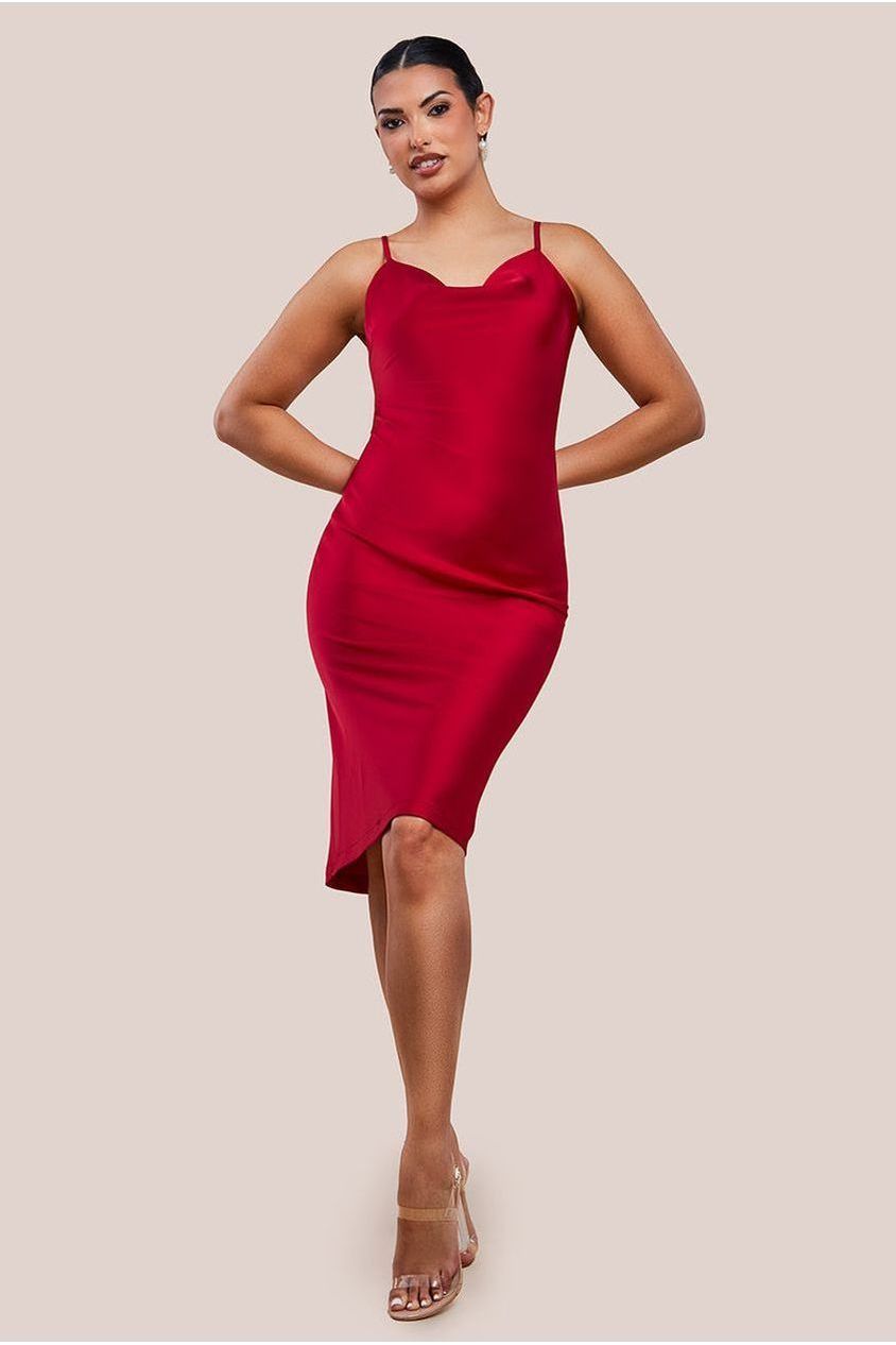 Cowl Neck Satin Slip Cami Midi Dress UTSS19012