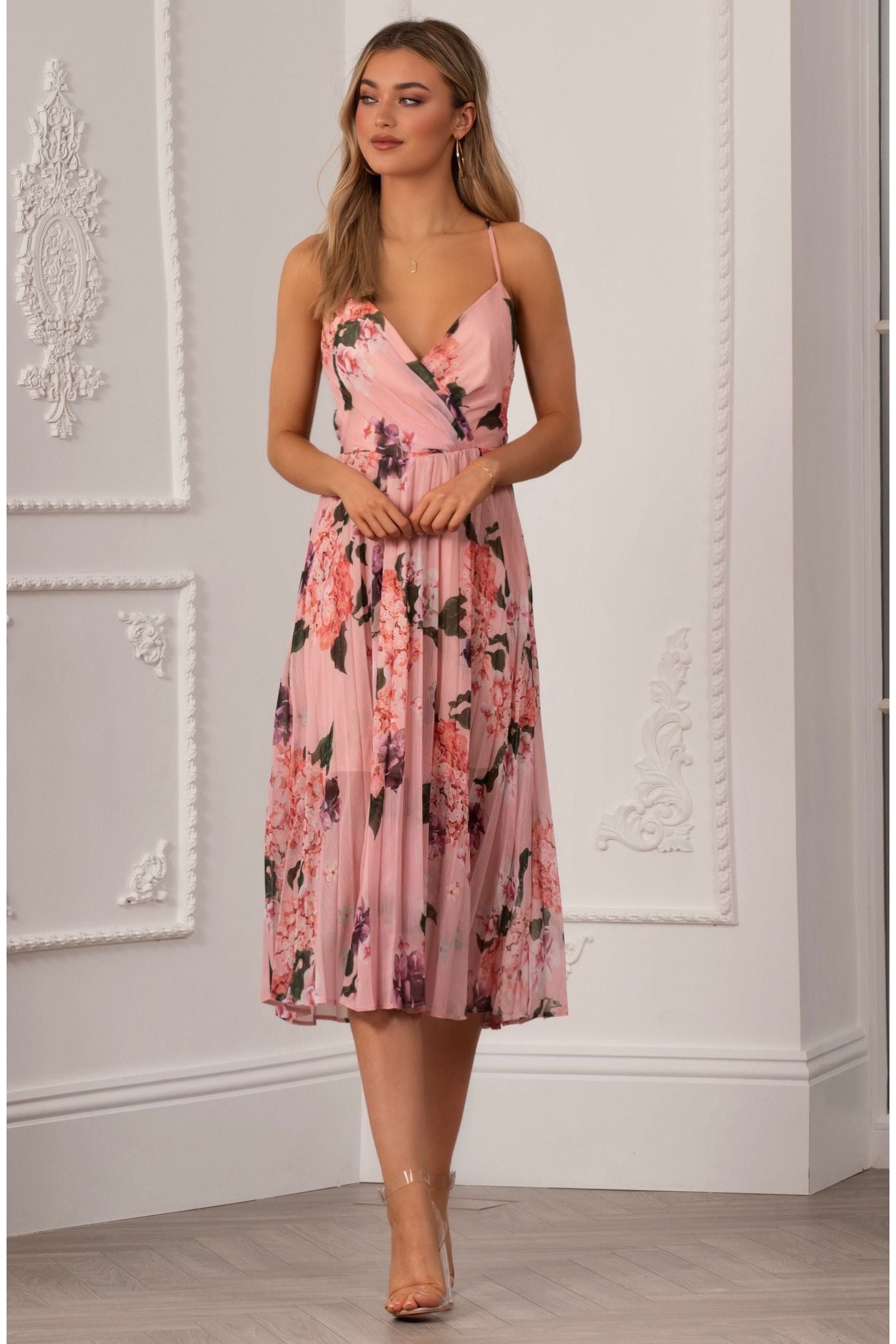 Floral Print Pleated Wrap Body Midi Dress UTSS22019