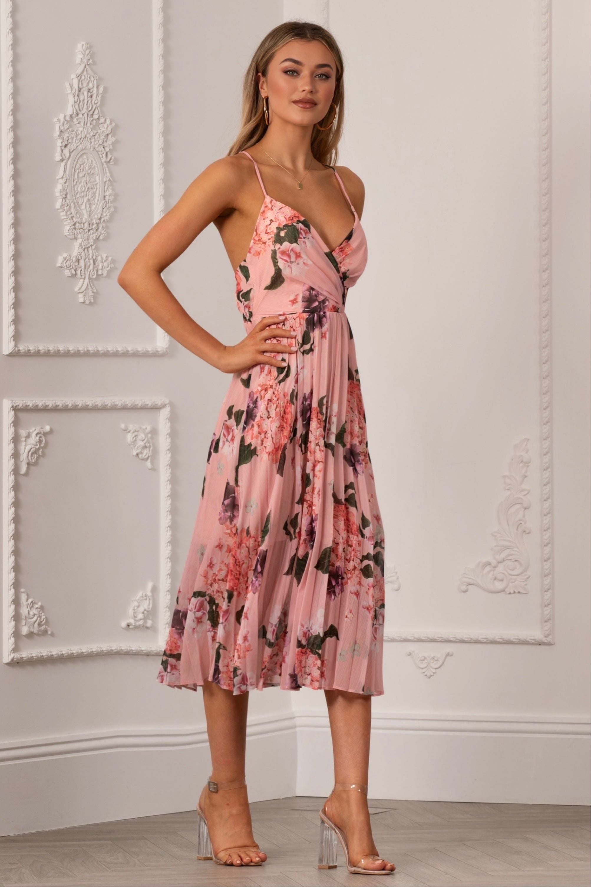 Floral Print Pleated Wrap Body Midi Dress UTSS22019