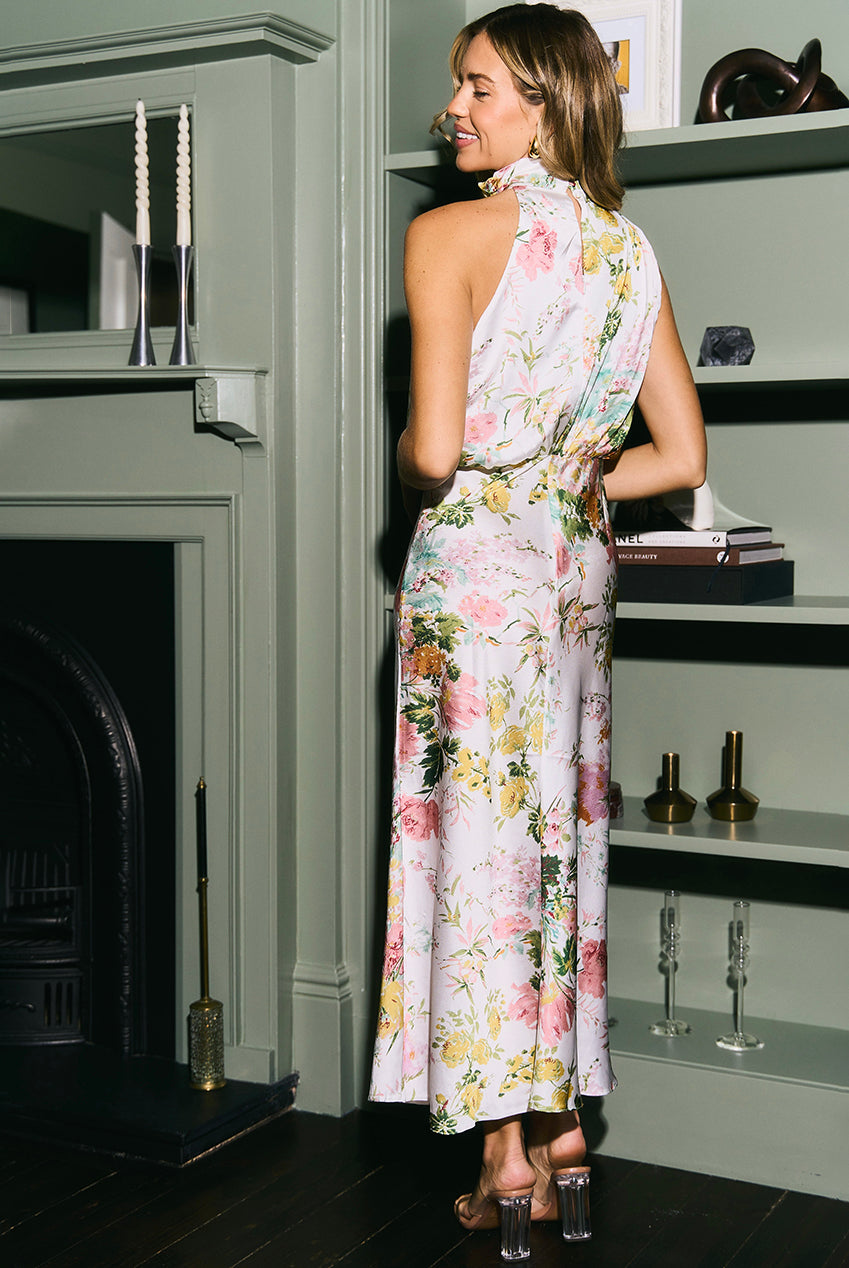 Ruched Asymmetric High Neck Satin Midi Dress UTSS23012