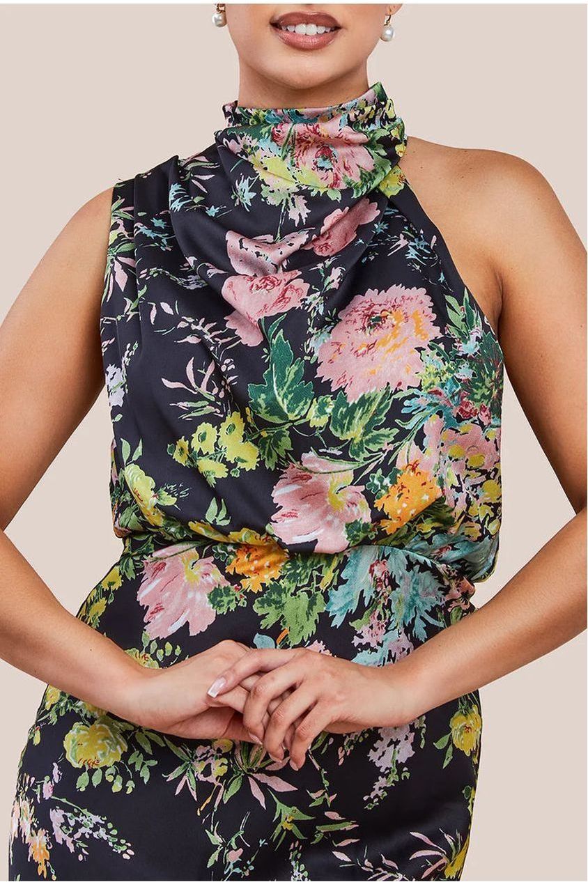 Ruched Asymmetric High Neck Satin Midi Dress UTSS23012