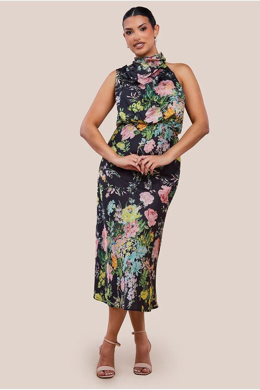 Ruched Asymmetric High Neck Satin Midi Dress Goddiva