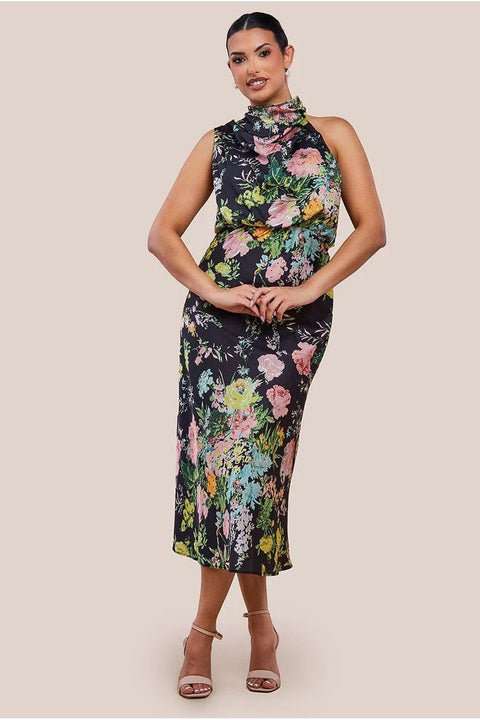 Ruched Asymmetric High Neck Satin Midi Dress by Urban Touch