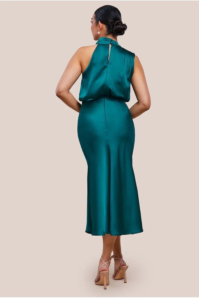 Ruched Asymmetric High Neck Satin Midi Dress UTSS23012