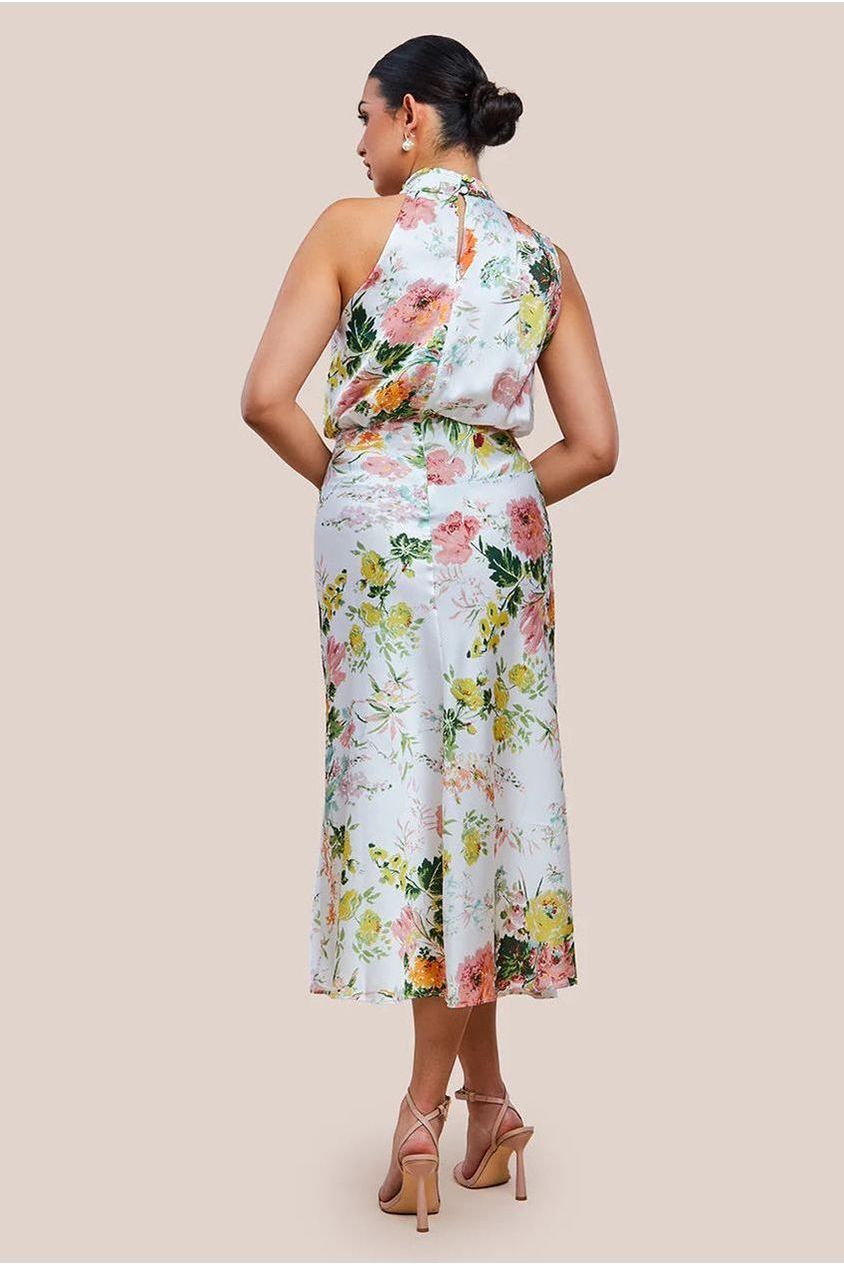 Ruched Asymmetric High Neck Satin Midi Dress UTSS23012