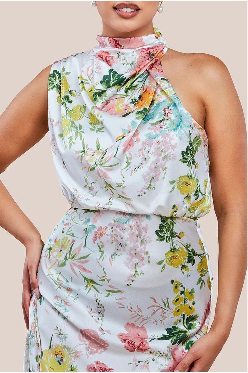 Ruched Asymmetric High Neck Satin Midi Dress UTSS23012