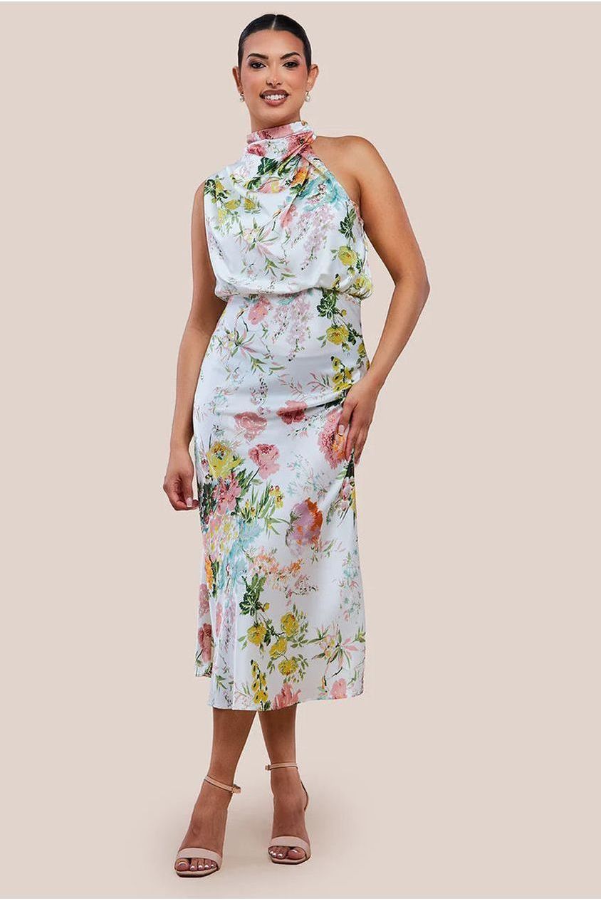 Ruched Asymmetric High Neck Satin Midi Dress UTSS23012