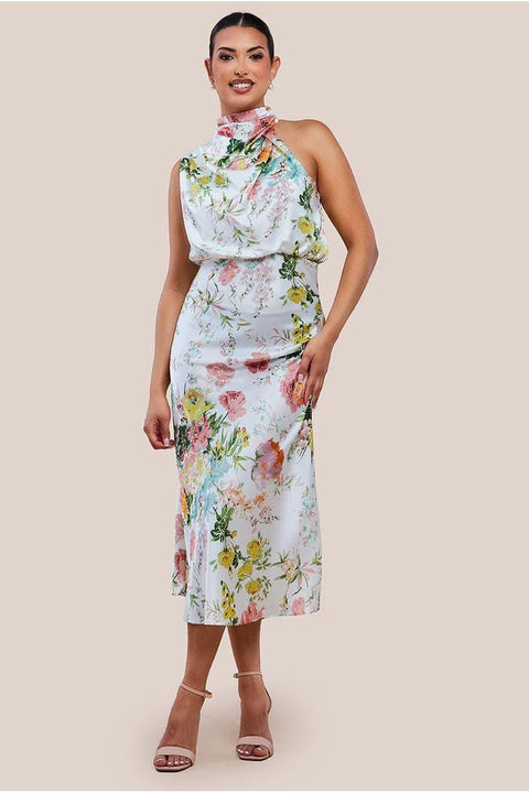 Ruched Asymmetric High Neck Satin Midi Dress by Urban Touch