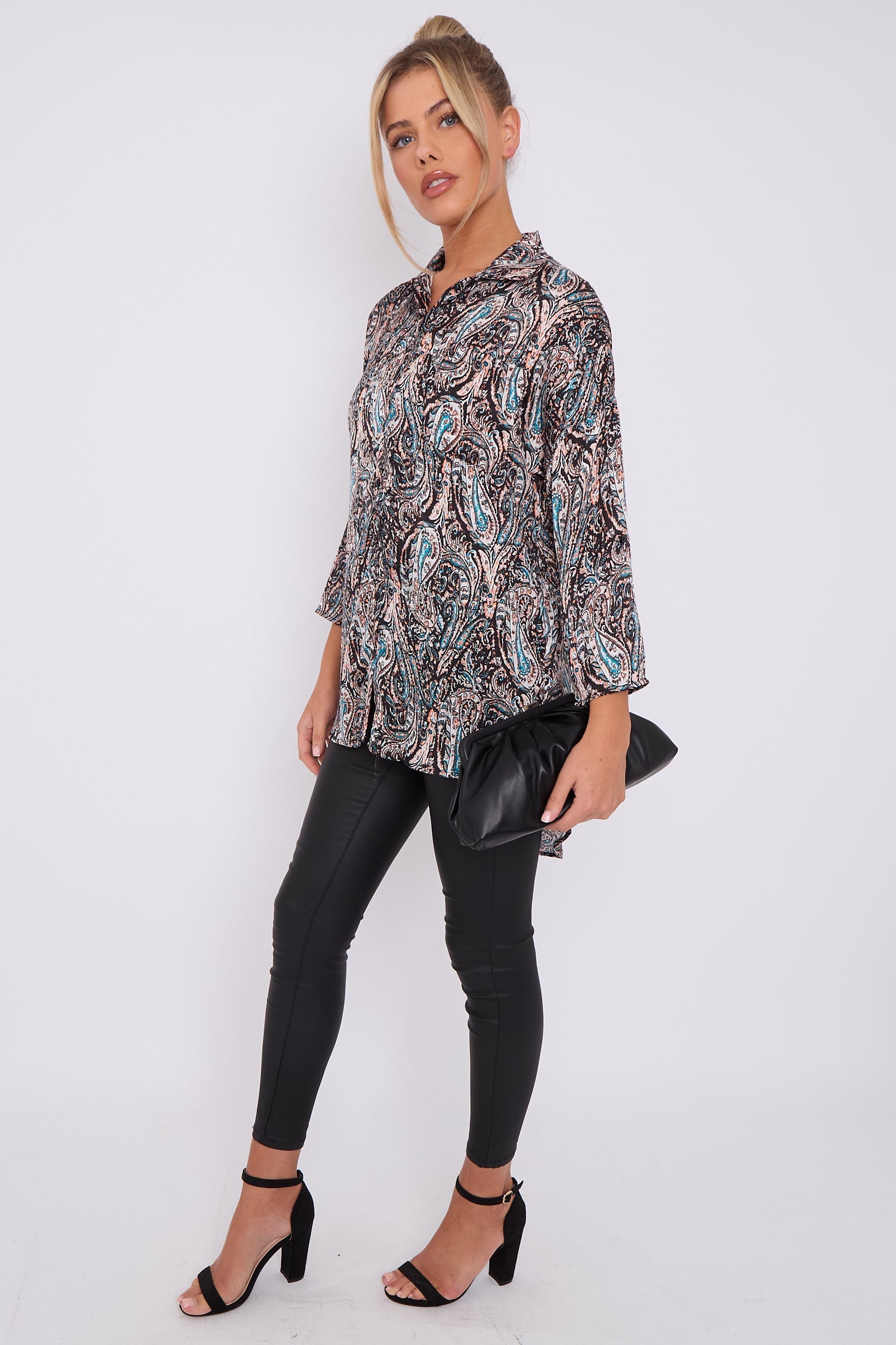 Black Paisley Print Layer Satin Oversized Shirt LS5003-P30