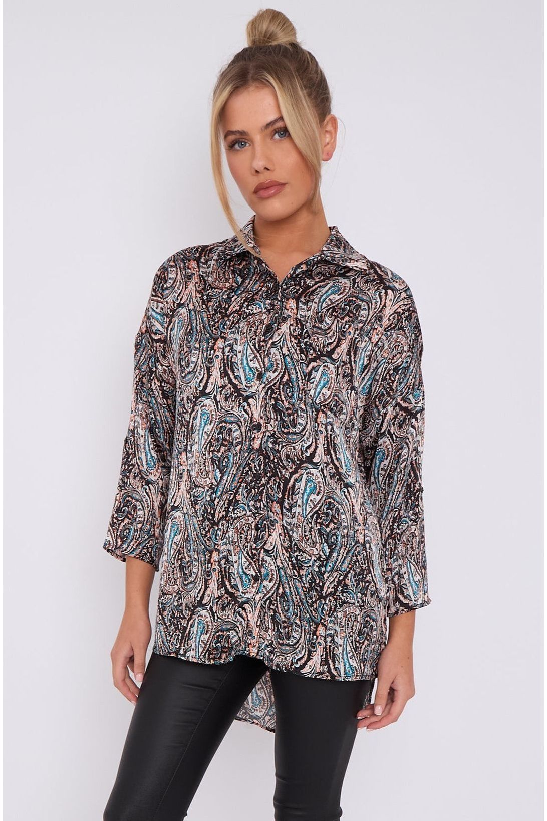 Black Paisley Print Layer Satin Oversized Shirt LS5003-P30