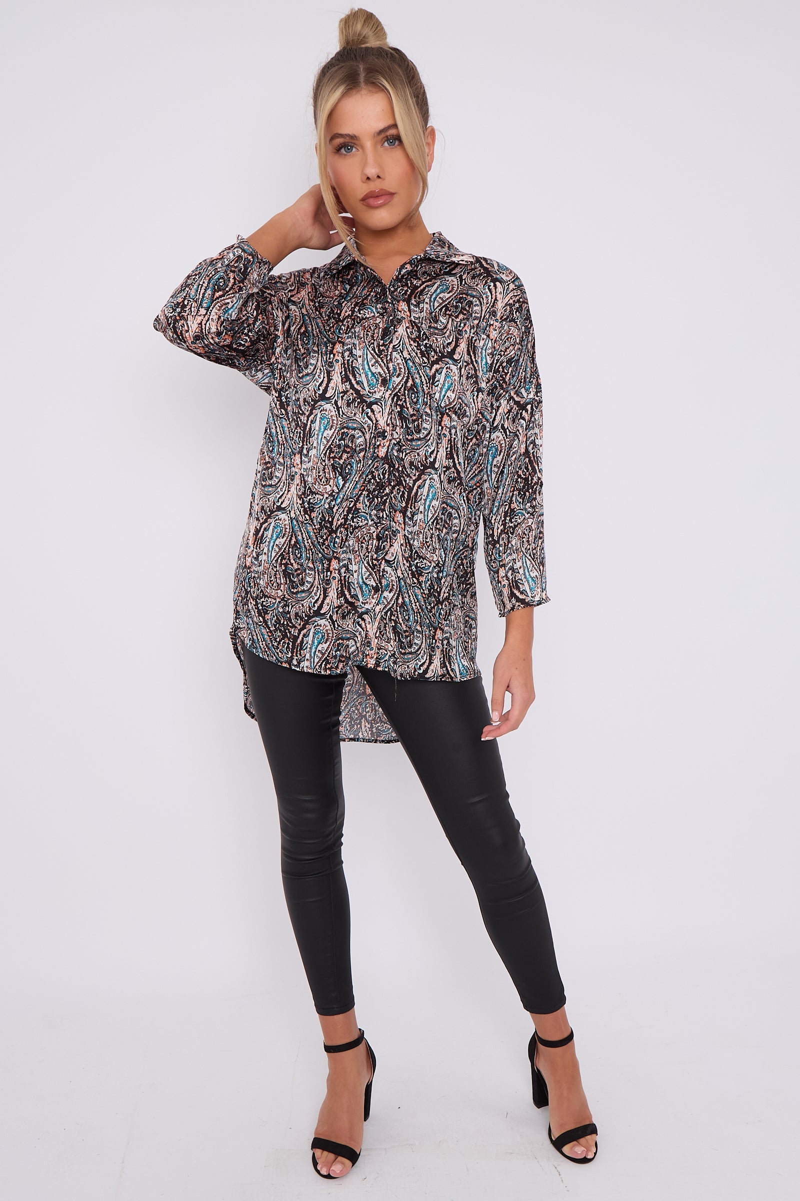 Black Paisley Print Layer Satin Oversized Shirt LS5003-P30