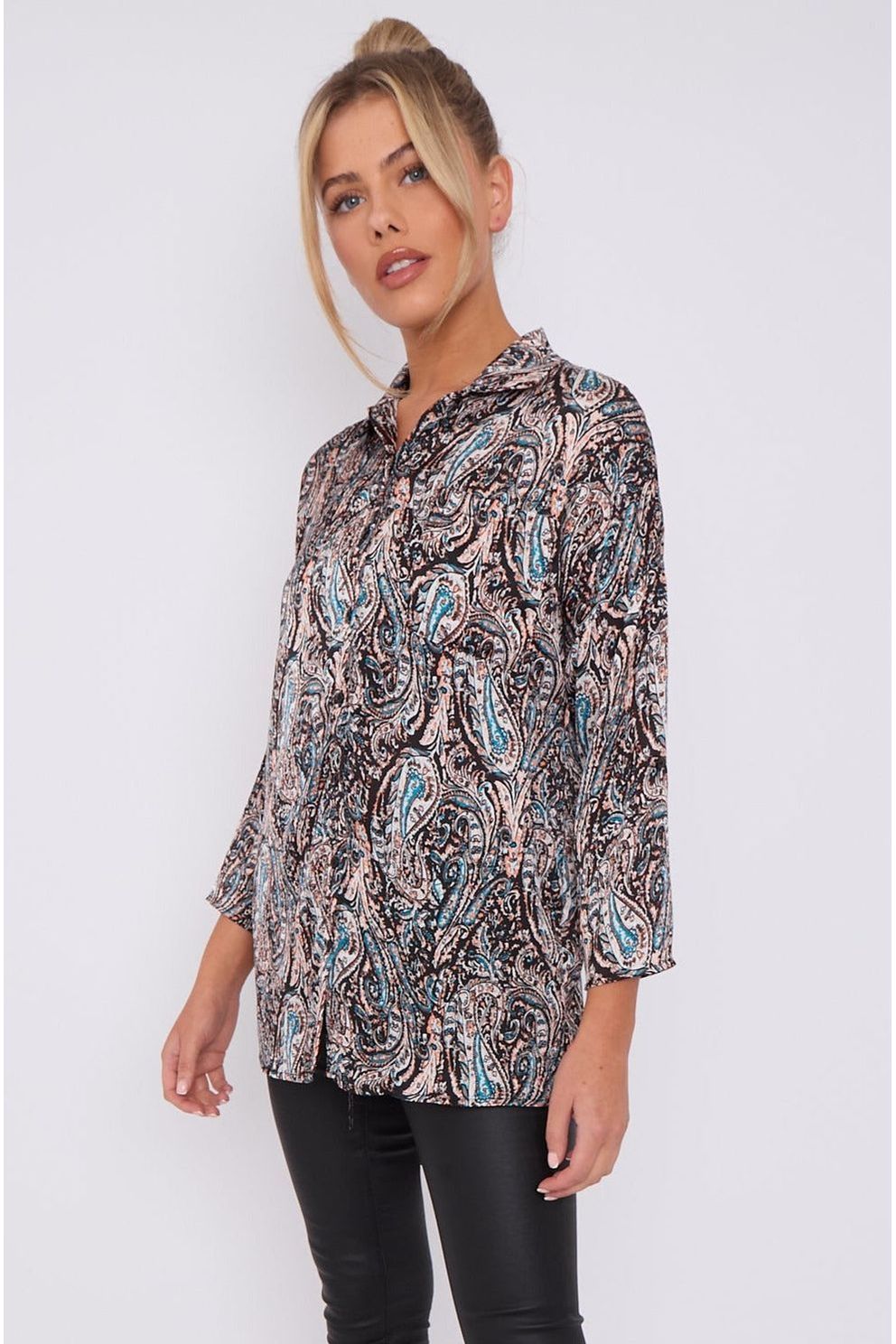 Black Paisley Print Layer Satin Oversized Shirt LS5003-P30
